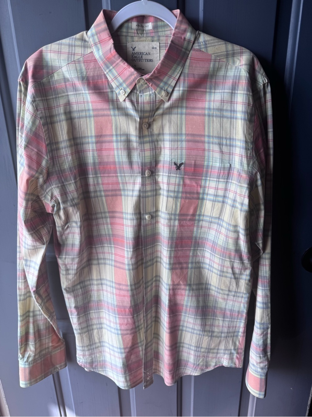 American Eagle Outfitters Men’s Pink and Cream Plaid Button-Down Shirt